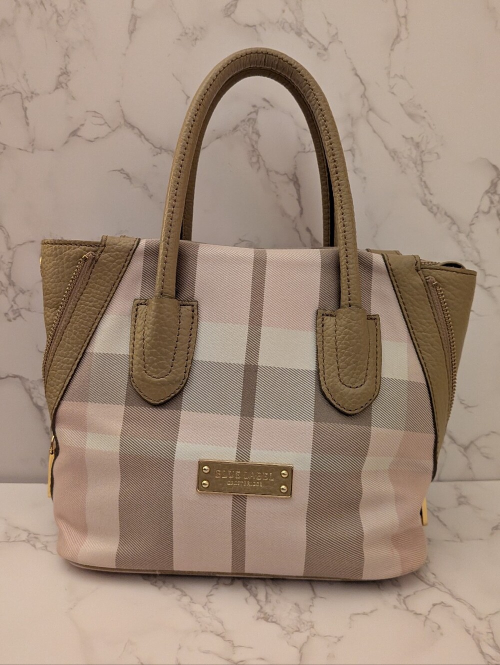 Burberry Blue Label Crestbridge Beige & Pink Plaid Top Handle Bag